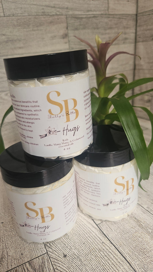 Hugs body butter with vanilla, ylang ylang and Cedar wood, essential oils.