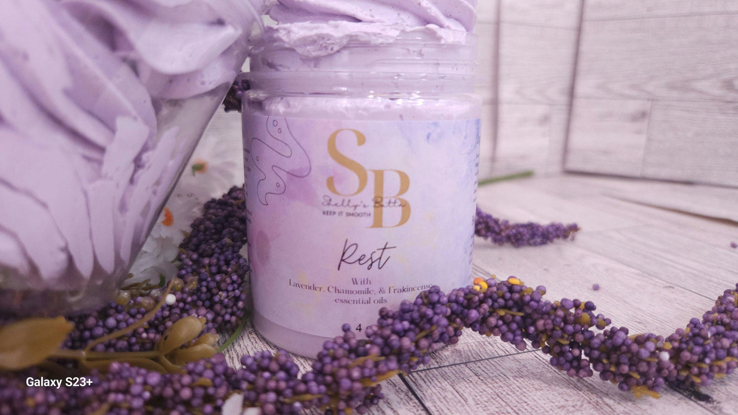 Rest Whipped Shea and Mango Butter with therapeutic grade Lavender, Chamomile, and Clary Sage oils