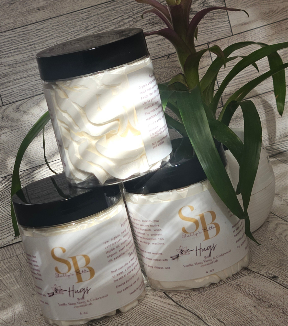 Hugs body butter with vanilla, ylang ylang and Cedar wood, essential oils.