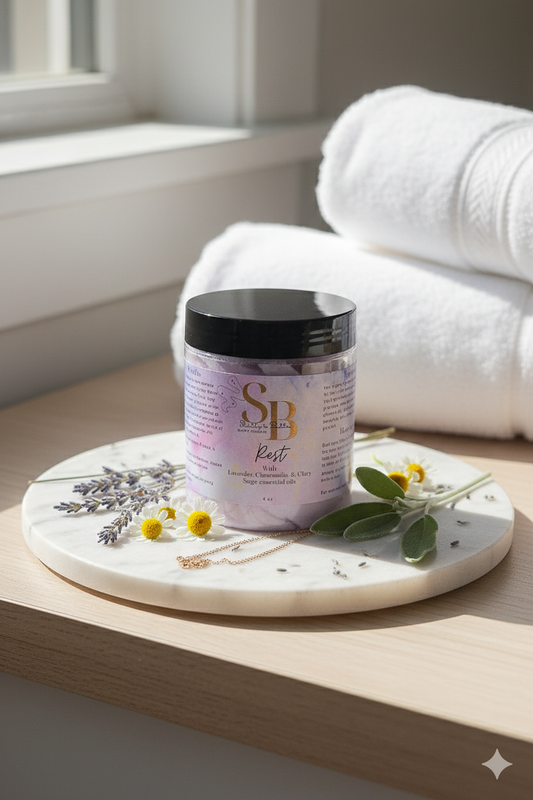 Rest Whipped Shea and Mango Butter with therapeutic grade Lavender, Chamomile, and Clary Sage oils