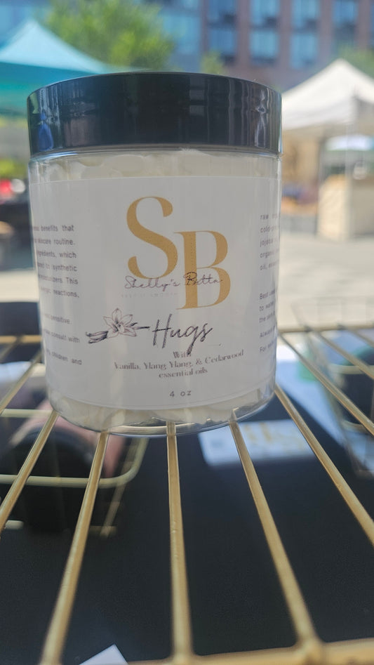 Hugs body butter with vanilla, ylang ylang and Cedar wood, essential oils.